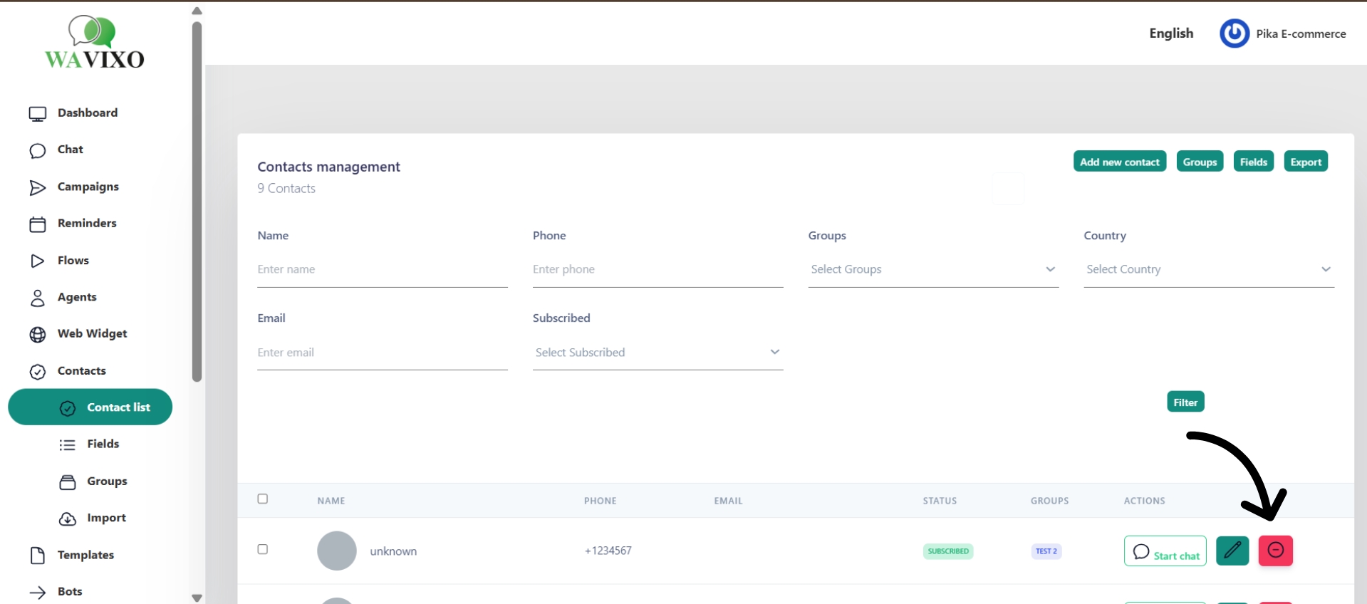 Delete contact button